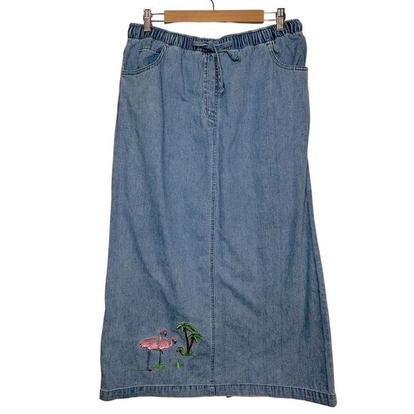 QUACKER FACTORY Flamingo Embroidery Denim Maxi Skirt Size Large - Picture 1 of 10